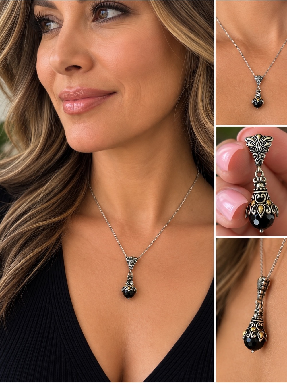 925 Sterling Silver 18K Gold Black Gemstone Bali Style Pendant. NECKLACE NOT INC - Picture 1 of 9